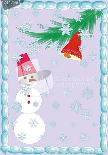 Image of snowman at the christmas on the violet background with a bell