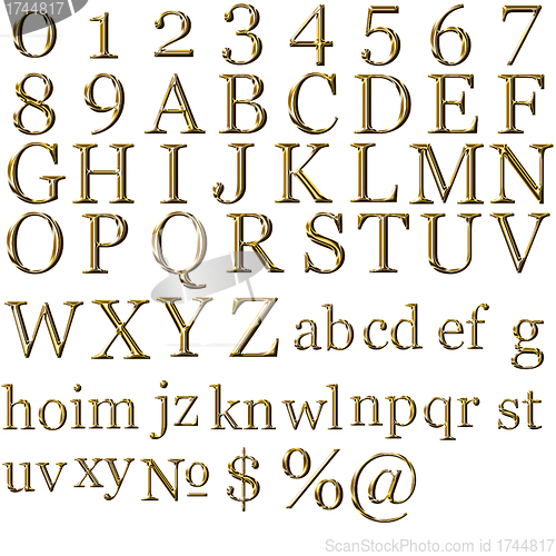 Image of set of gold alphabet symbols  - uppercase and lowercase letter 