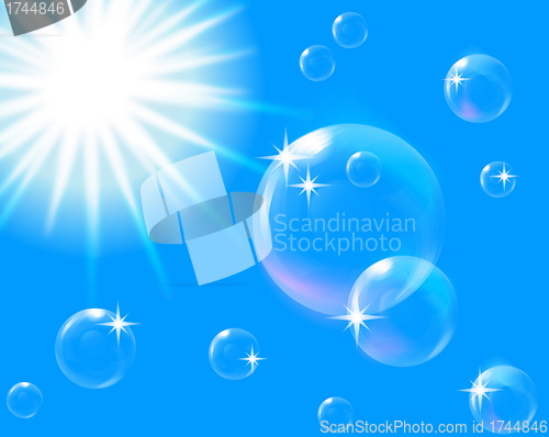 Image of  sun in blue sky with bubbles, EPS10