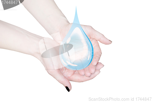 Image of hands holding water drop, environmental protection