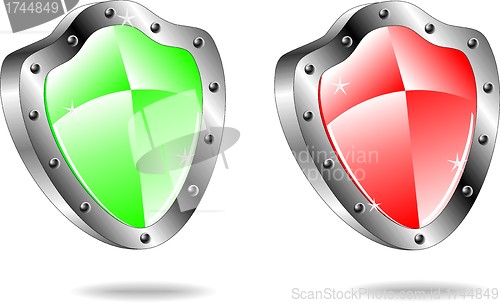 Image of Glossy shield emblem icons in red and green colors