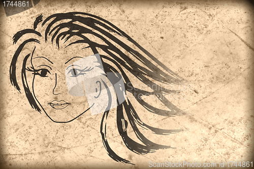 Image of woman face on the old paper , grunge background