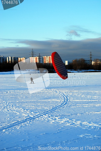 Image of snowkiting on a frozen lake 