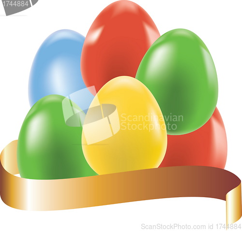 Image of Colored eggs with gold ribbon, easter background 