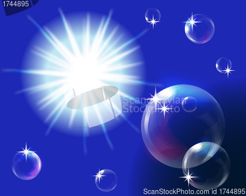 Image of  sun in blue sky with bubbles, EPS10