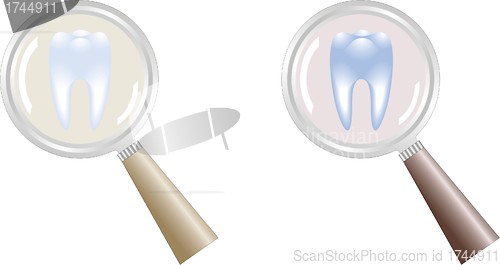 Image of tooth under magnifying glass in focus of attention, dentistry