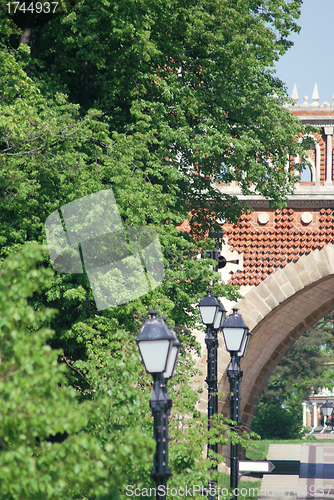 Image of Bridge at the summer. Palace of queen Ekaterina in  Moscow. Zarizino (Tsaritsino, tsaritsyno, tsaritsino)