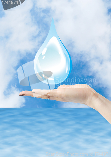 Image of hands holding water drop, environmental protection