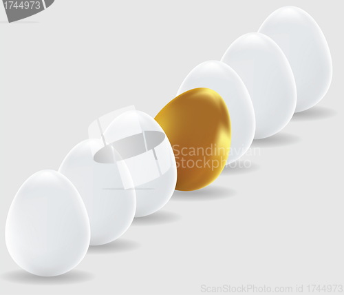 Image of One gold egg and white easter eggs 