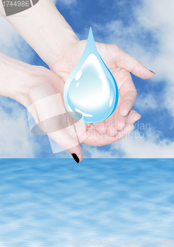 Image of hands holding water drop, environmental protection