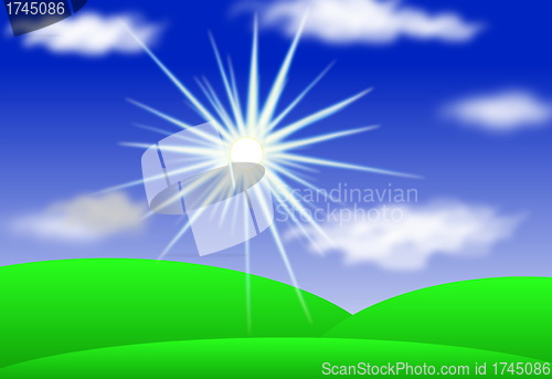 Image of Landscape with Sun, Hills, Blue Sky And Clouds, Vector Ieps10  