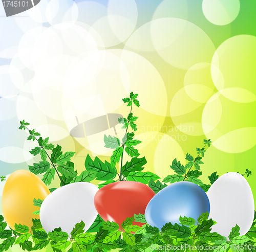 Image of Colored easter eggs on green background with grass 