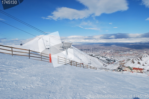 Image of Ski Resort chair lift in Turkey Mountains.Palandoken