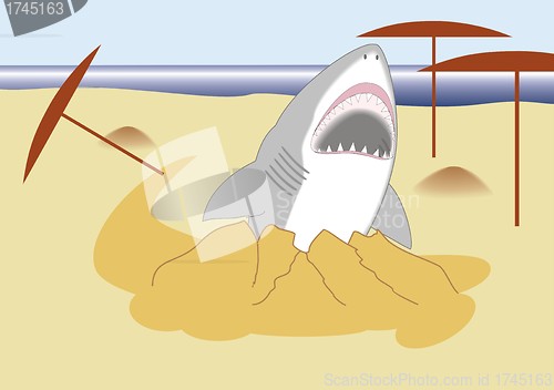 Image of shark  with open mouth  is coming out to the beach