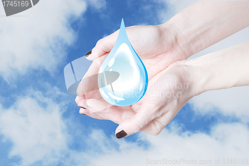 Image of hands holding water drop, environmental protection