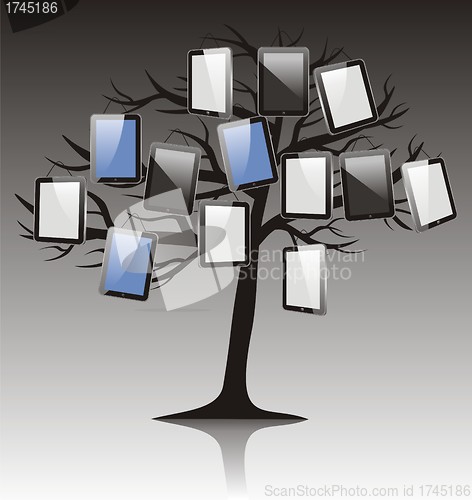 Image of abstract tree with tablet on black white background   