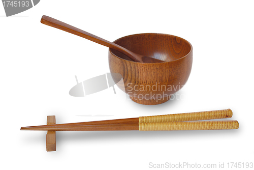 Image of Chopsticks with wooden bowl isolated on white 