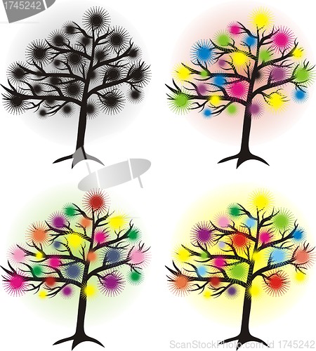 Image of set of abstract tree with halftone sun, design element 
