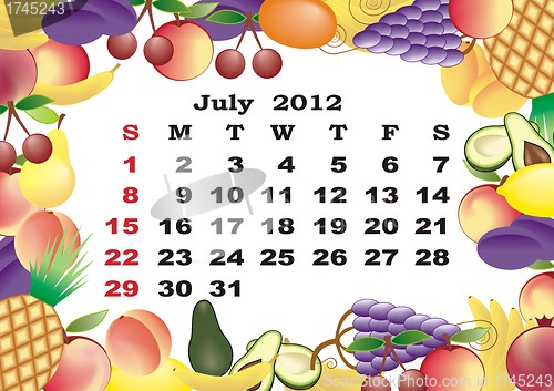 Image of July - monthly calendar 2012 in colorful frame