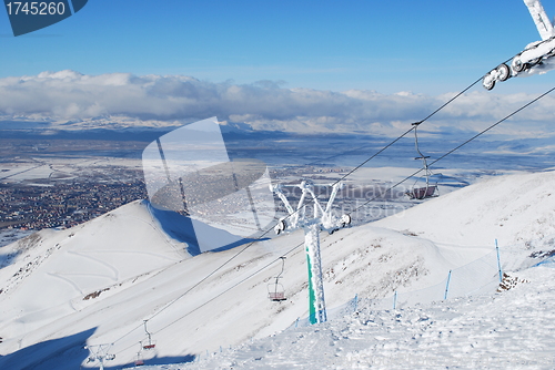 Image of Ski Resort chair lift in Turkey Mountains.Palandoken