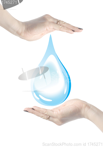 Image of hands holding water drop, environmental protection
