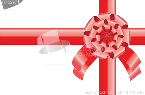 Image of red realistic bow with a ribbon, greeting background 