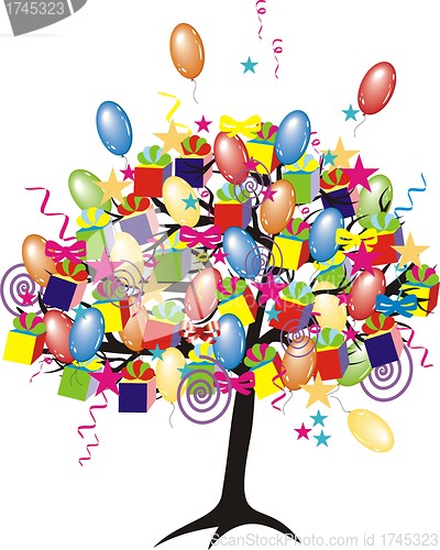 Image of cartoon party tree with baloons, gifts, boxes for happy  event and holiday 