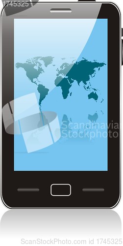 Image of touch smartphone  with world map wallpaper. No transparency effects. EPS8 Only 