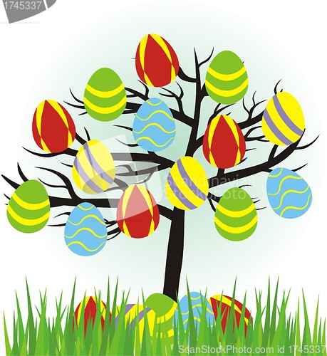Image of cartoon easter tree with eggs and grass