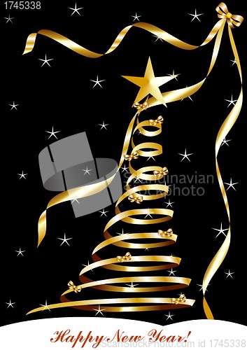 Image of christmas and new year card  with gold tapes on a black background 