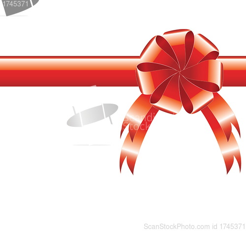 Image of red realistic bow with a ribbon, greeting background 