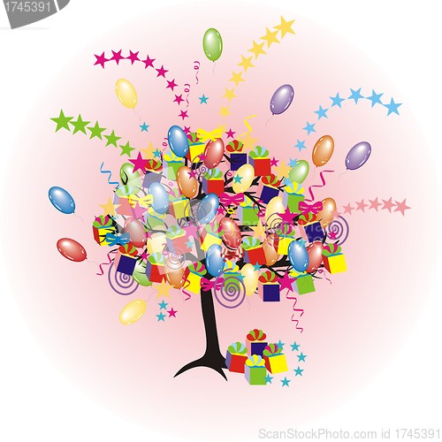 Image of cartoon party tree with baloons, gifts, boxes for happy  event and holiday 