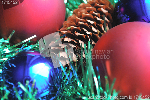 Image of christmas decoration with balls and cone