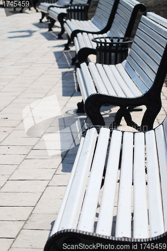 Image of white benches in a park