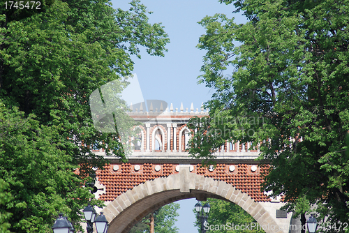 Image of Bridge at the summer. Palace of queen Ekaterina in  Moscow. Zarizino (Tsaritsino, tsaritsyno, tsaritsino)