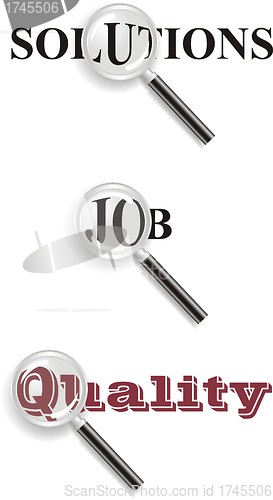 Image of magnifying glass with words” job’, ‘solutions’, ‘quality’