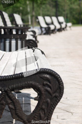 Image of white benches in a park
