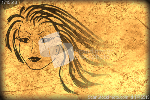 Image of woman face on the old paper , grunge background