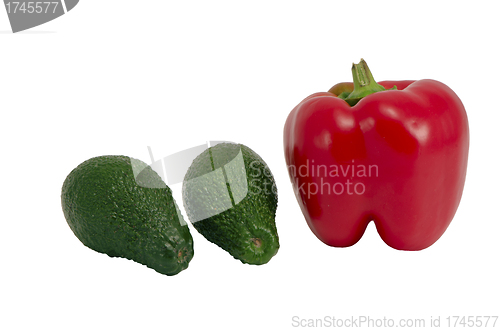 Image of Red chilli pepper green avocados isolated on white 