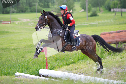 Image of Woman eventer on horse is overcomes the open ditch