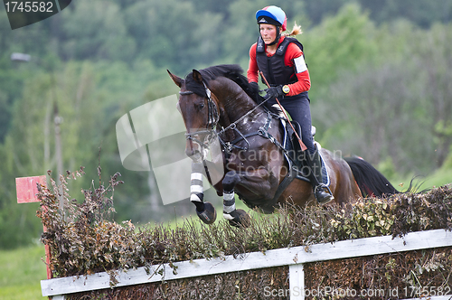 Image of Woman eventer on horse is overcomes the fence