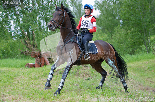 Image of Woman eventer on horse is overcomes the Ski jump