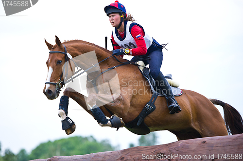 Image of Woman eventer on horse is overcomes the Log fence