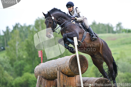 Image of Woman eventer on horse is overcomes the Log fence