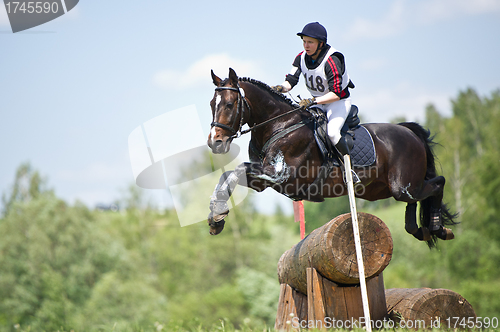 Image of Woman eventer on horse is overcomes the Log fence