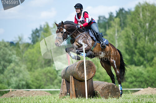 Image of Woman eventer on horse is overcomes the Log fence
