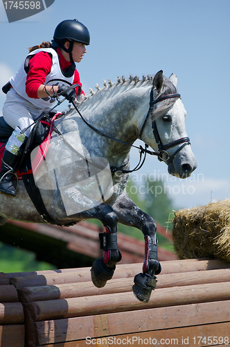 Image of Woman eventer on horse is overcomes the Rolltop