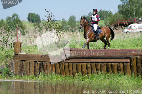 Image of Eventer on horse is Drop fence in Water jump