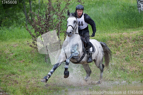 Image of Eventer on horse is overcomes the Water jump