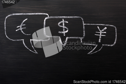 Image of Three speech bubbles for Euro, dollar and yuan